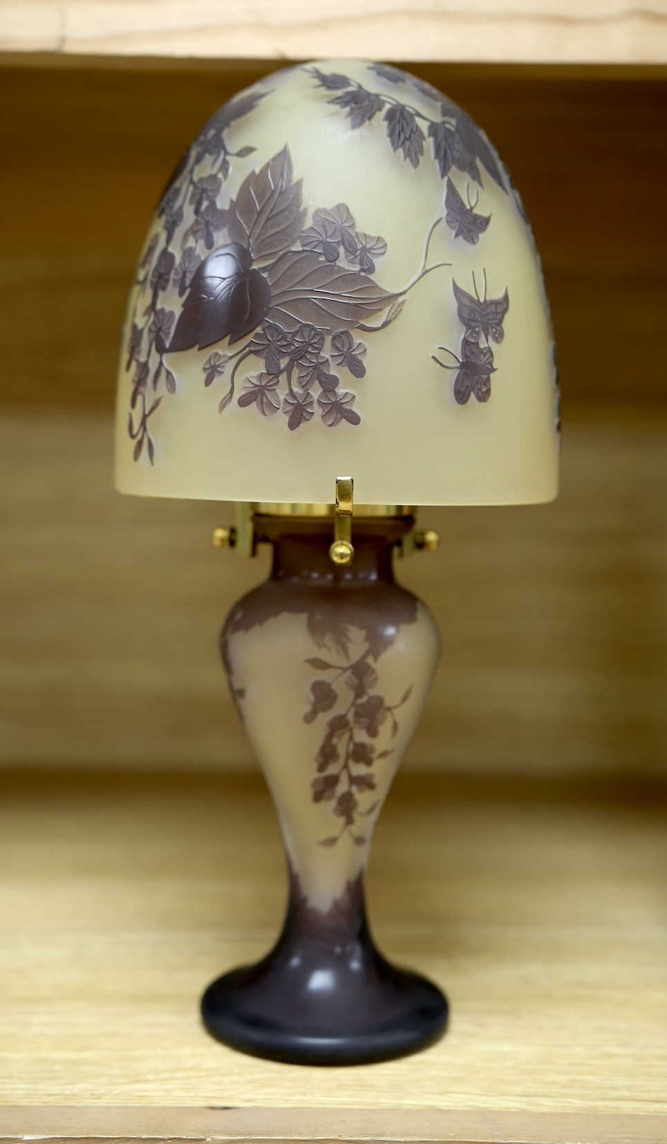 A Galle style cameo glass lamp and shade, 31cm. Condition - good, no electrical fittings or cables